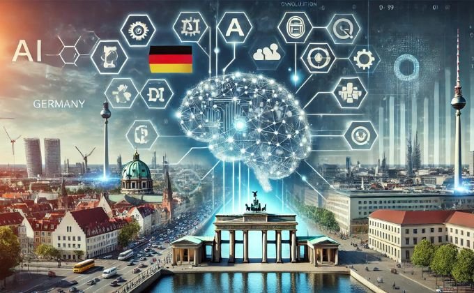 KI in Deutschland: Ein digitales Gehirn neben dem Brandenburger Tor, Symbole für Technologie und Innovation, sowie Icons für Zusammenarbeit, Investition und Forschung, die die Chancen und Herausforderungen der künstlichen Intelligenz in Deutschland illustrieren.